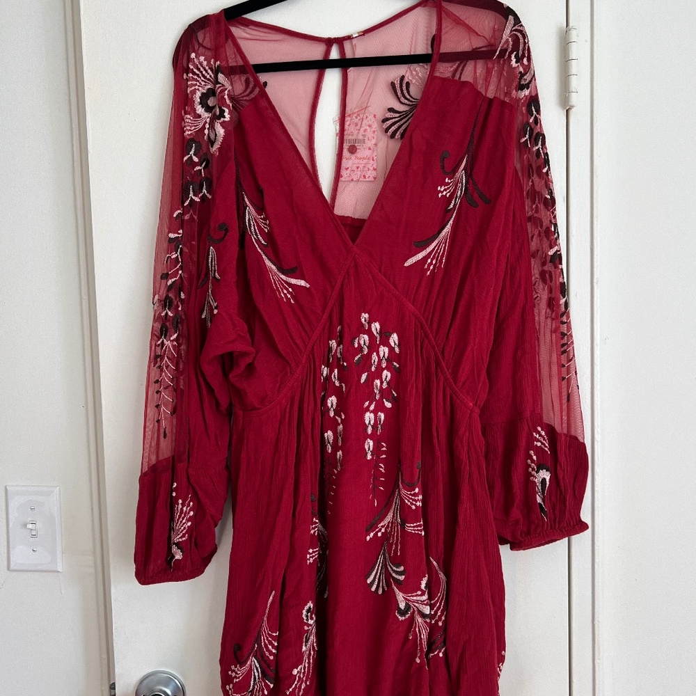 Free People Red Long Sleeve Mini Dress with Sheer Shoulder/Back